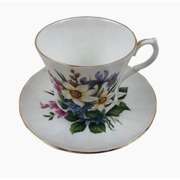 Springfield Tea Cup Saucer England Iris Daffodil Gold Trim Fine Bone China - Picture 2 of 10